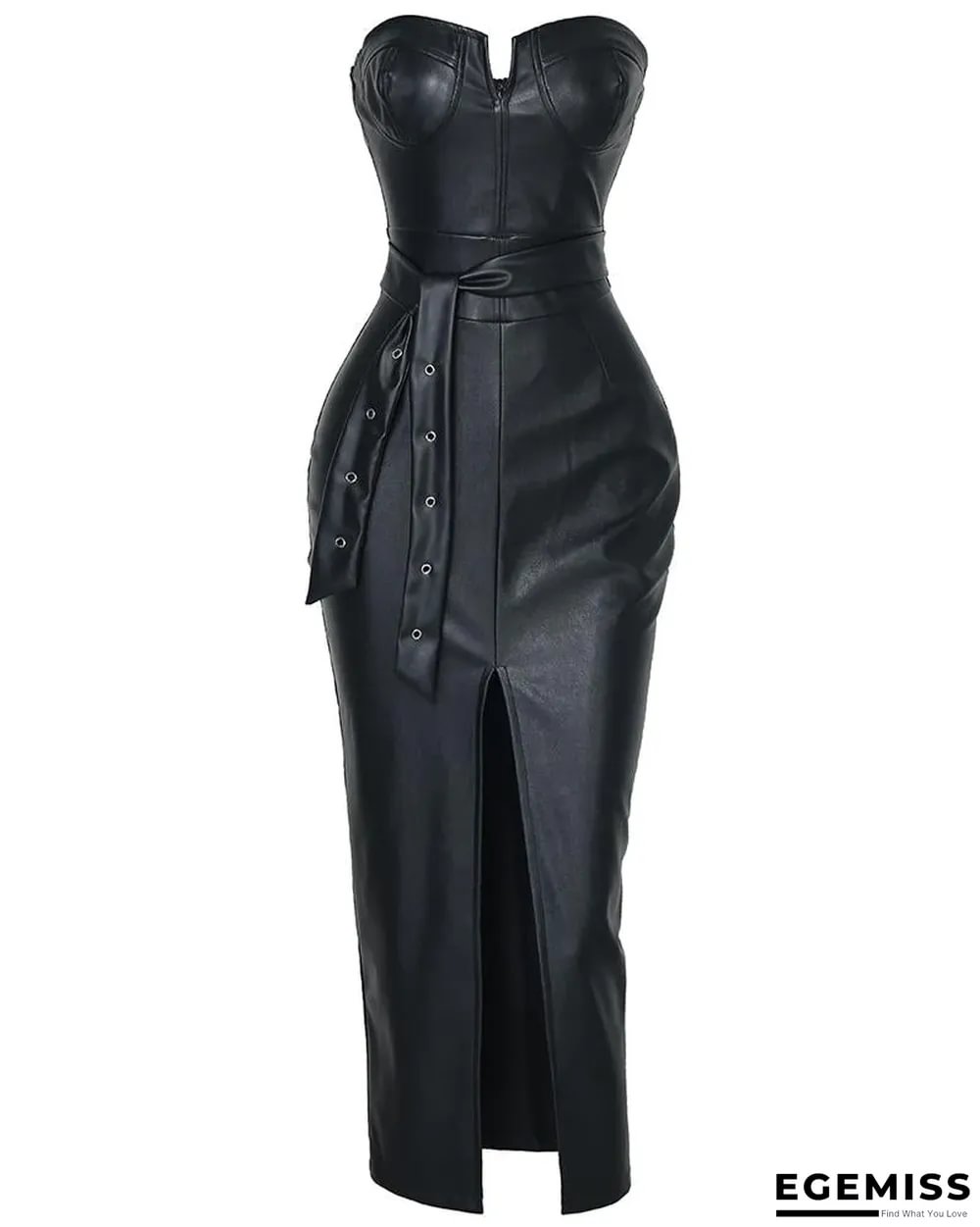 Solid Tube Slit Coated PU Dress Black Dresses | EGEMISS