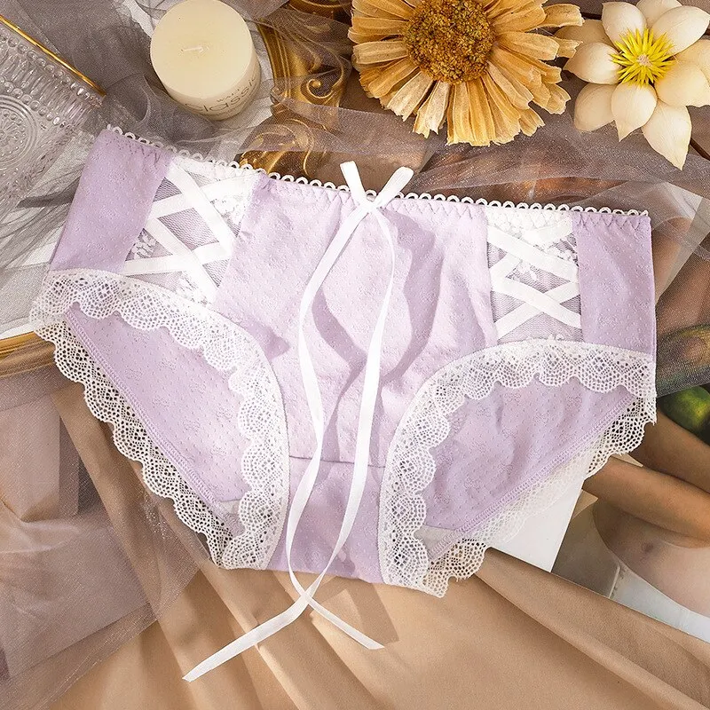 Billionm Girl Briefs Summer Thin Bow Tie Sling Hollow Lace Cotton Crotch Student Cute Candy Color Fashion and Comfortable WOMEN Loli