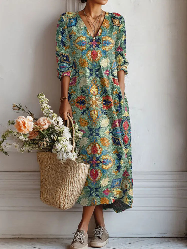 Women's Vintage Flower Art Print Linen Pocket Tunic Dress