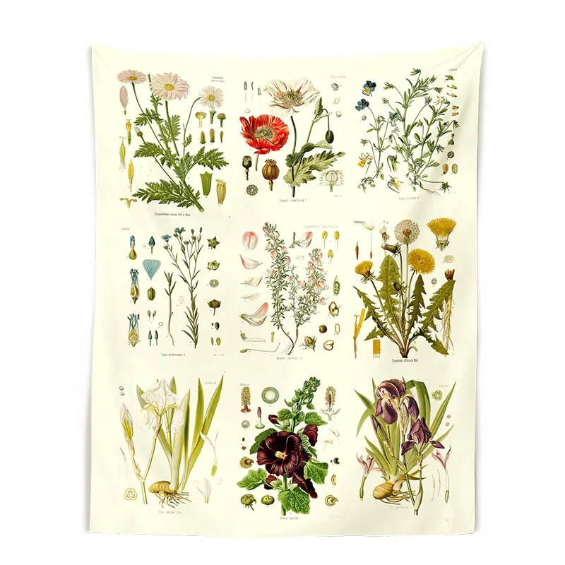 Botanical Wildflower Tapestry Wall Hanging Vintage garden Hippie floral art Tapestries Colorful Psychedelic INS Home Decor
