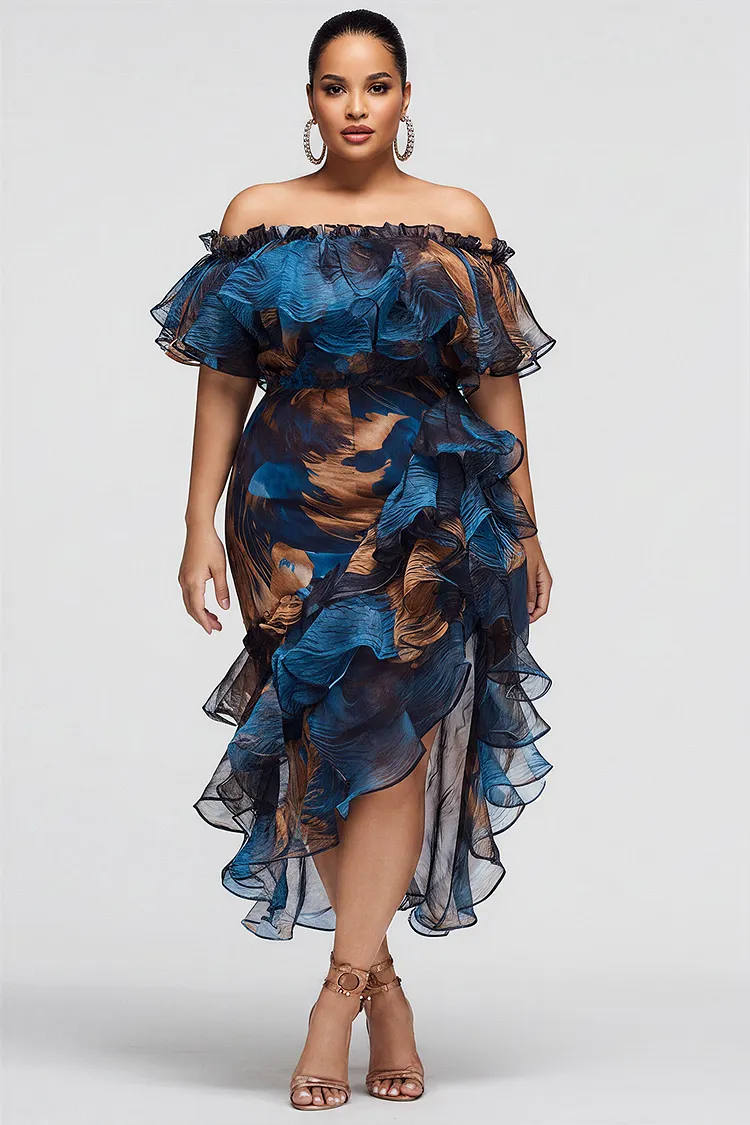 Xpluswear Design Plus Size Cocktail Party Blue Graphic Off The Shoulder Ruffle Tiered Chiffon Midi Dresses [Pre-Order] 2024 - Xpluswear