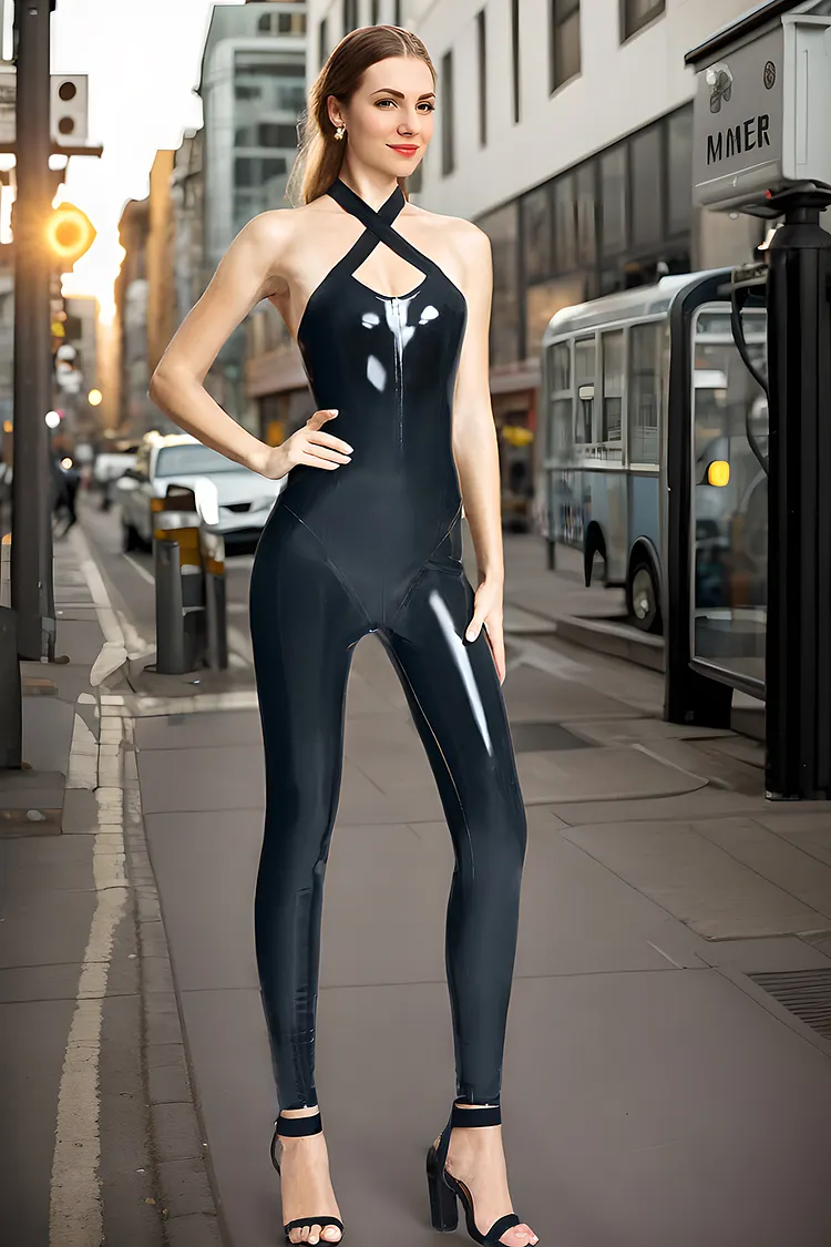 Women Latex Catsuits Crossover Halter Black Zipper