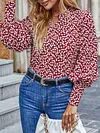 Cherry Print Round-Neck Loose Long Sleeve Hollow Casual Blouses&Shirts Tops
