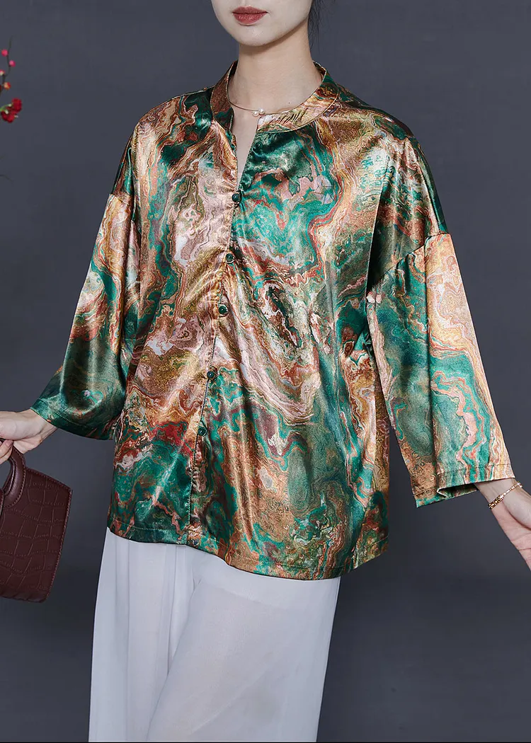Elegant Stand Collar Print Silk Shirt Bracelet Sleeve