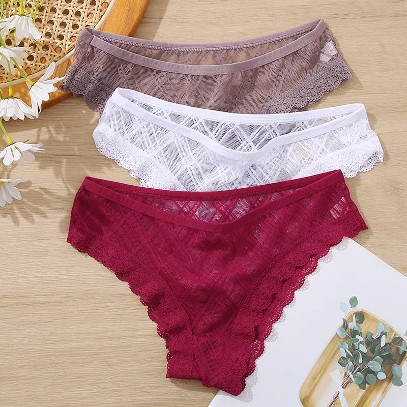 FINETOO M-2XL Sexy Lace Panties Women 3Pcs/set Low Waist Lattice Underwear Ladies Transparent Panty Female Underpants Lingerie