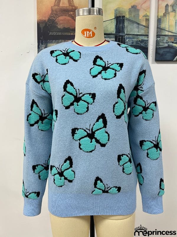Original Long Sleeves Loose Butterfly Print Contrast Color Round-Neck Sweater Tops