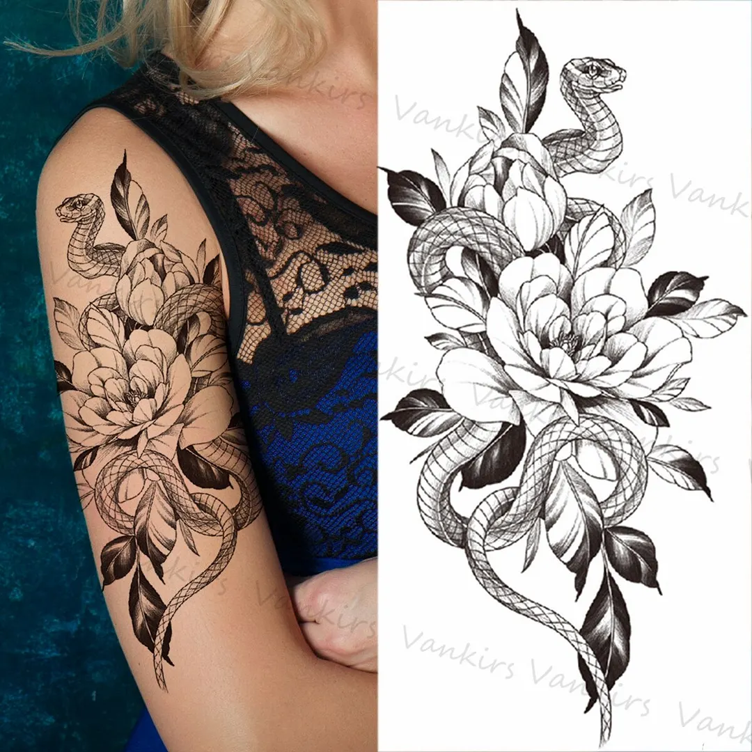 Sdrawing Skeleton Snake Flower Temporary Tattoos For Women Girls Realistic Snake Wolf Tribal Fake Tattoo Sticker Arm Waist Tatoo 3D