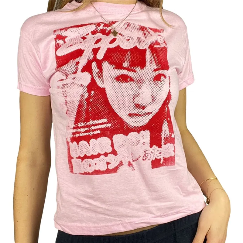 Xingqing Y2K Summer Short Sleeve T-shirt Girls Creative Figure Printing Round Collar Tops Slim Base Shirt Harajuku Tee Top