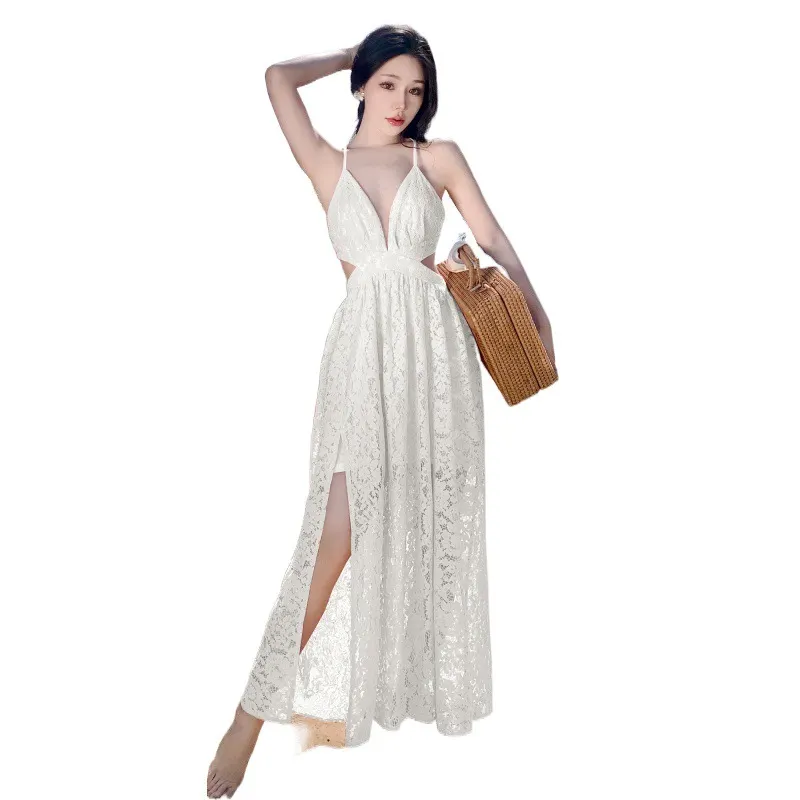 Churchf Churchf First Love Foreign Gas Lace Hollow Out Sexy Big Dew Back Deep Collar Long Money Big Place Dress Sanya Seaside Vacation