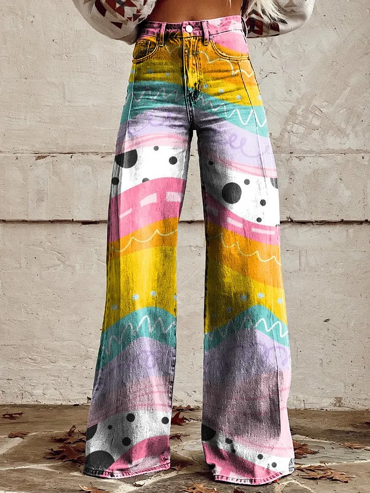 Women's Print Casual Wide Leg Pants Colourful Stripe Print