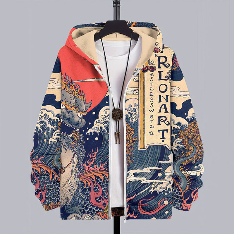 Vintage Japanese Art Wave Print Casual Zip Hoodie  artssus