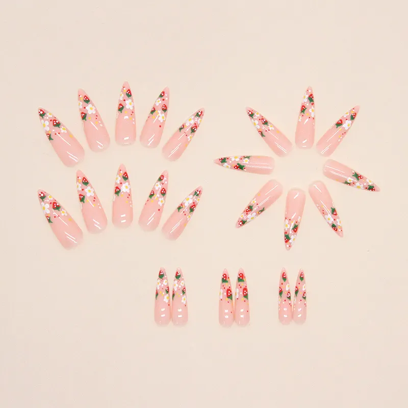 Churchf Churchf Pointed Nail Sweet Girl Lovely Strawberry Flower Flower False Nails Summer Childlike Innocence Nail Wear Nail