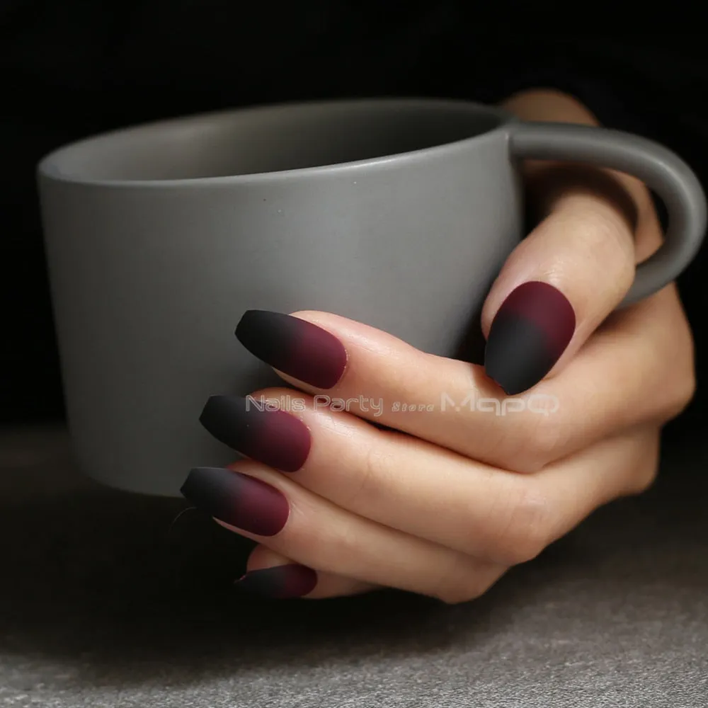 Coffin matte red black gradient fake nail Glossy nails black red medium False nails point Tip 24pcs-Nail Inspo