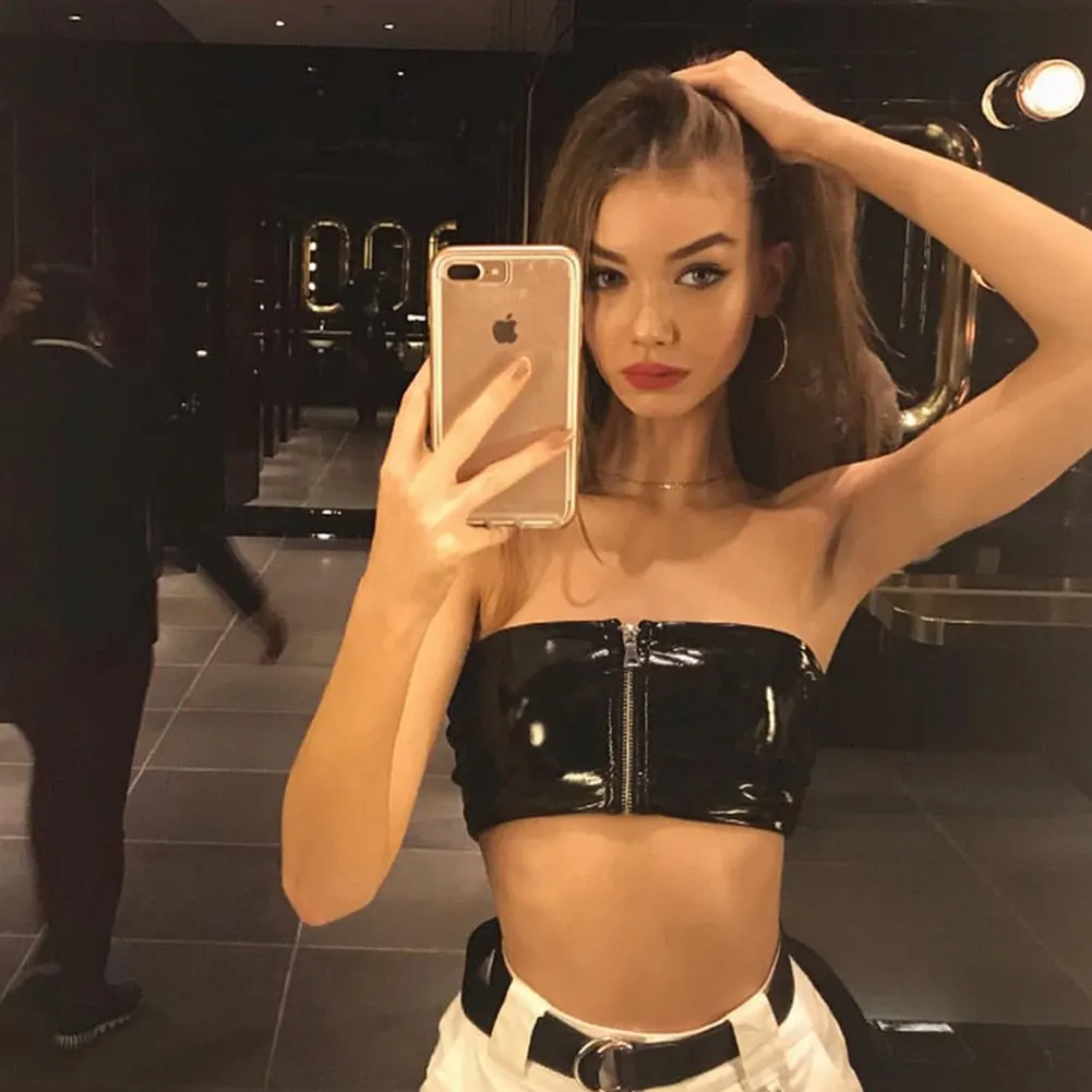 PU Leather Sexy Tube Top Women 2021 Summer Strapless Club Sexy Crop Tops Front Zipper Bodycon Tank Tops Female Shirts