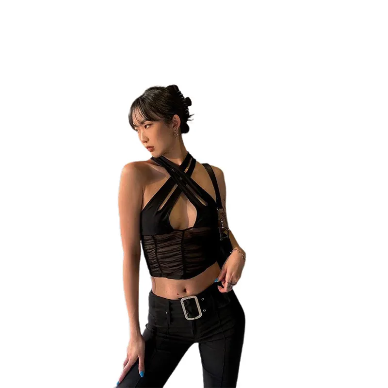 Churchf Churchf Summer Fashion Trend Women's New Style Hanging Neck Back Hollow Out Slim Mesh Gauze Bottom Small Vest