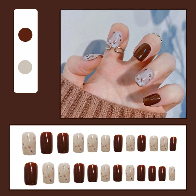 24pcs/box Fake Nails With Glue Yellow Flower Printed Type Short Paragraph Fashion Manicure Press On False Nails Gifts For Girls-Nail Inspo
