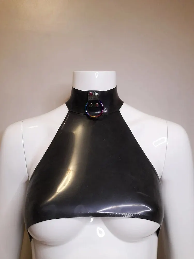 Women Latex Tops Under-Boob Black O-Ring Halter