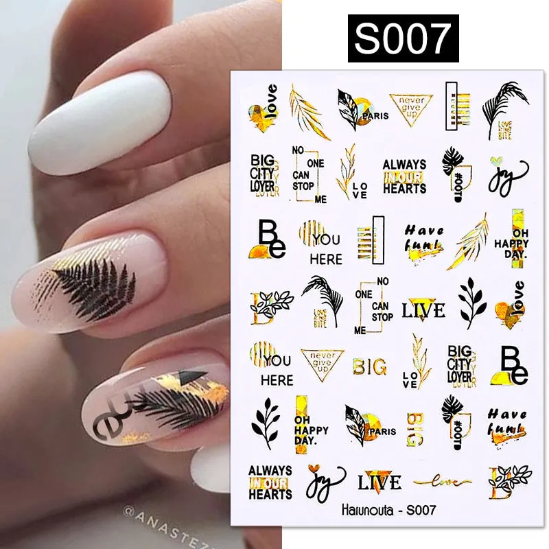 Harunouta Gold Flower Leaves Water Decals Slider Lines Geometrics Spring Summer Nail Art Transfer 3D Stickers DIY Watermarks-Nail Inspo