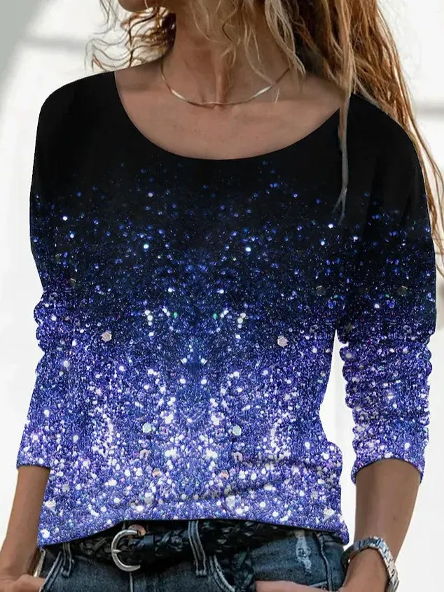 Brownm Long Digital Printing Sleeve Loose Neck Casual Pullover Print T-shirt