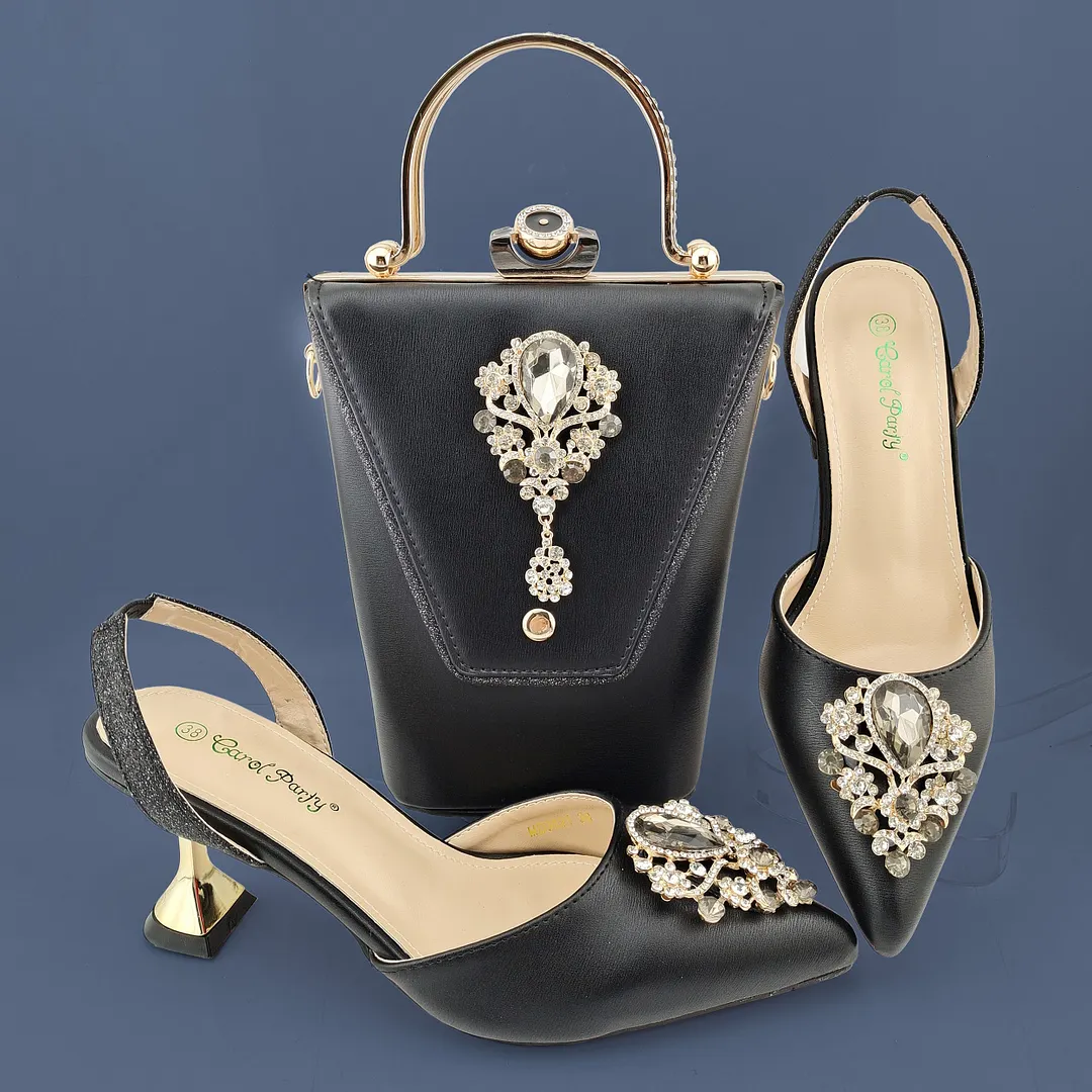 QSGFC 2022 Newest Noble and Elegant Classic vintage rhinestone accessories Ladies Shoes and Bag Set in Gold Color