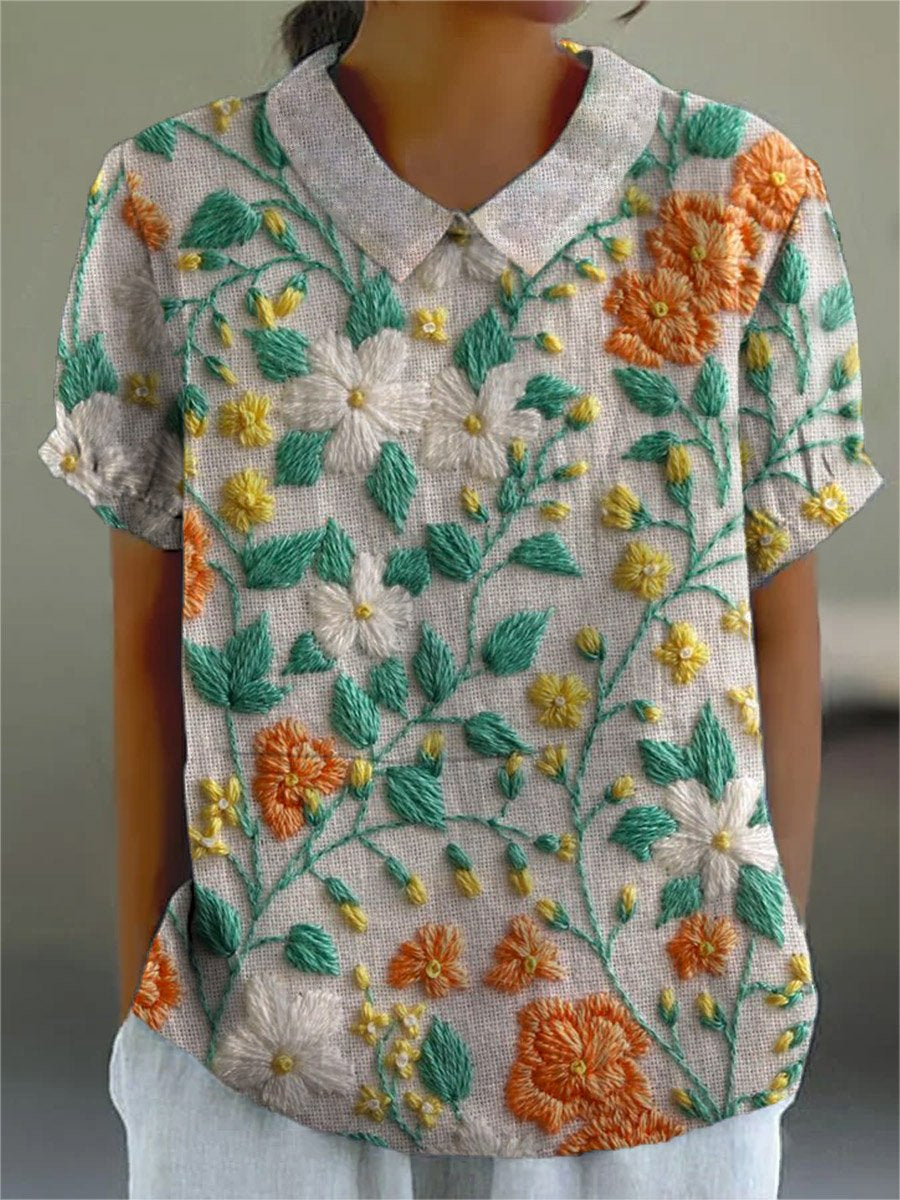 Women's Retro Floral Art Print Casual Cotton And Linen Shirt