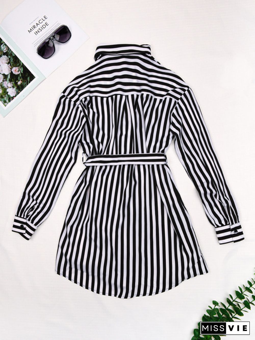 Patch Pocket Belted Striped Shirt Dress