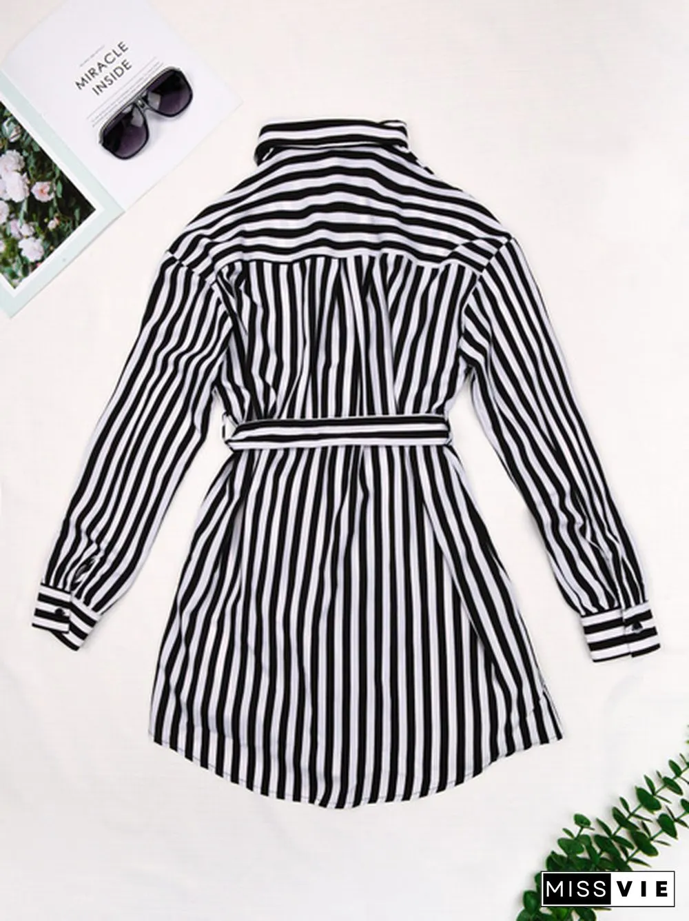 Patch Pocket Belted Striped Shirt Dress