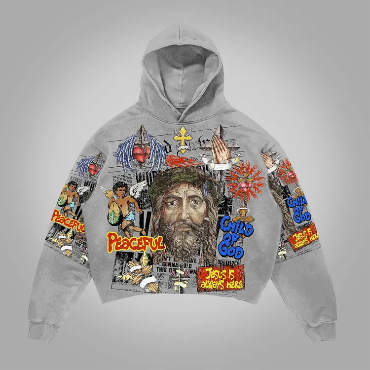 Vintage Jesus Cross Child Of God Graphic Print Pocketless Hoodie