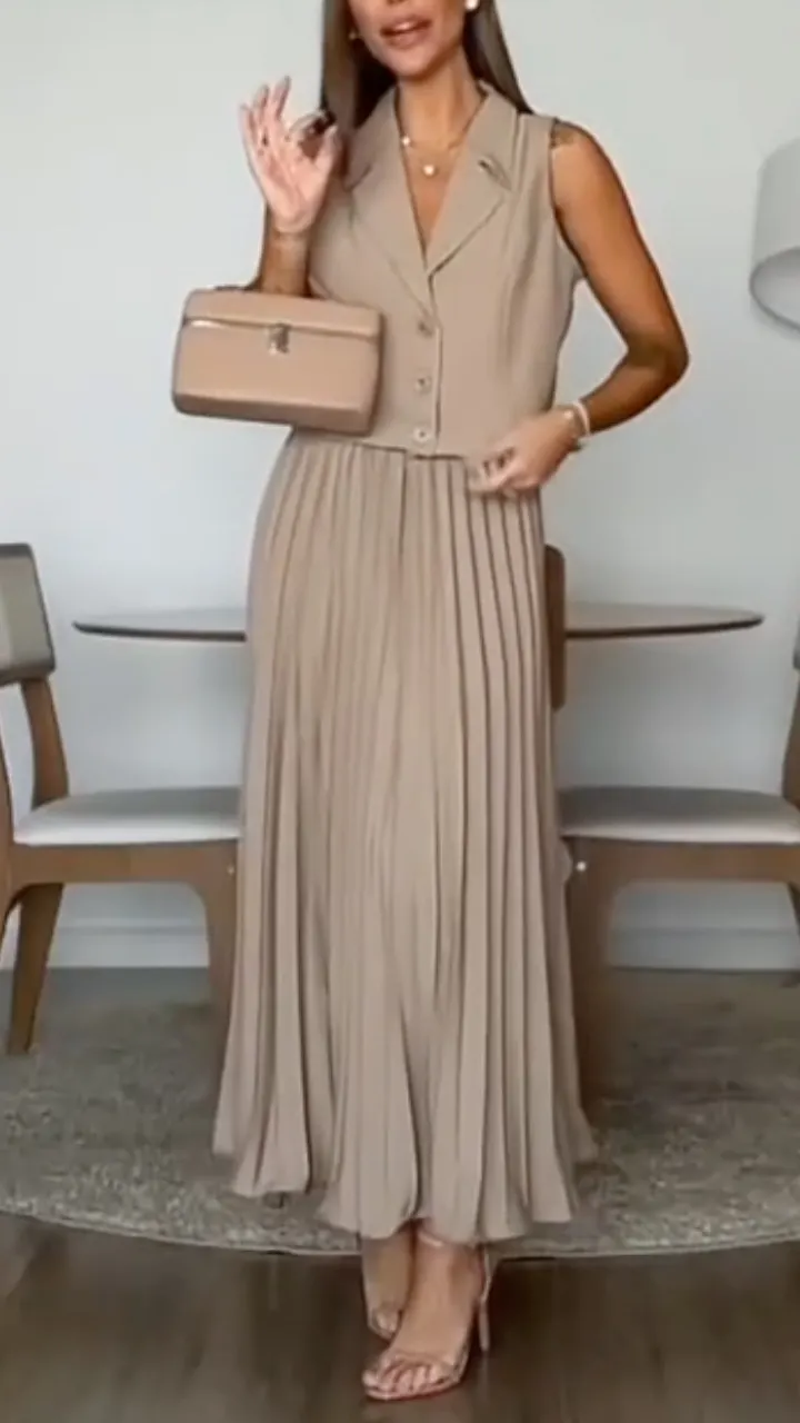 Beige Sleeveless Blazer Vest Pleated Maxi Skirt Set