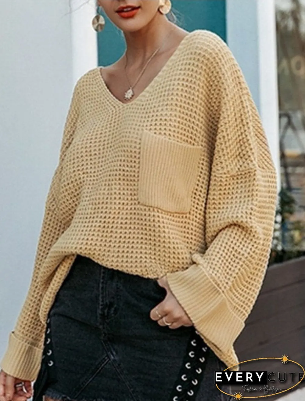 Casual Soft Pocket V-neck Long Sleeve Pullover