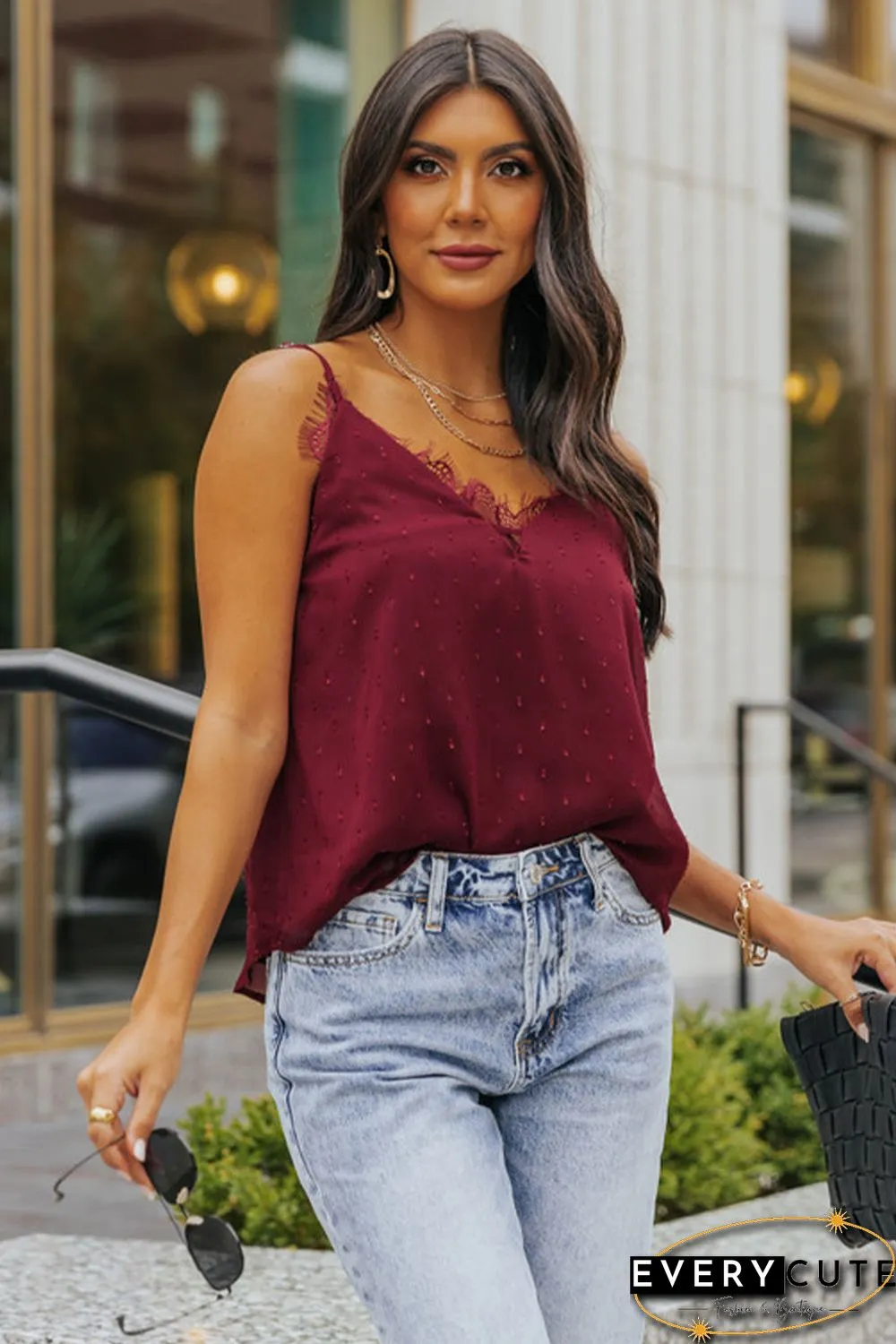 Red Eyelash Lace Trim Textured Cami Top