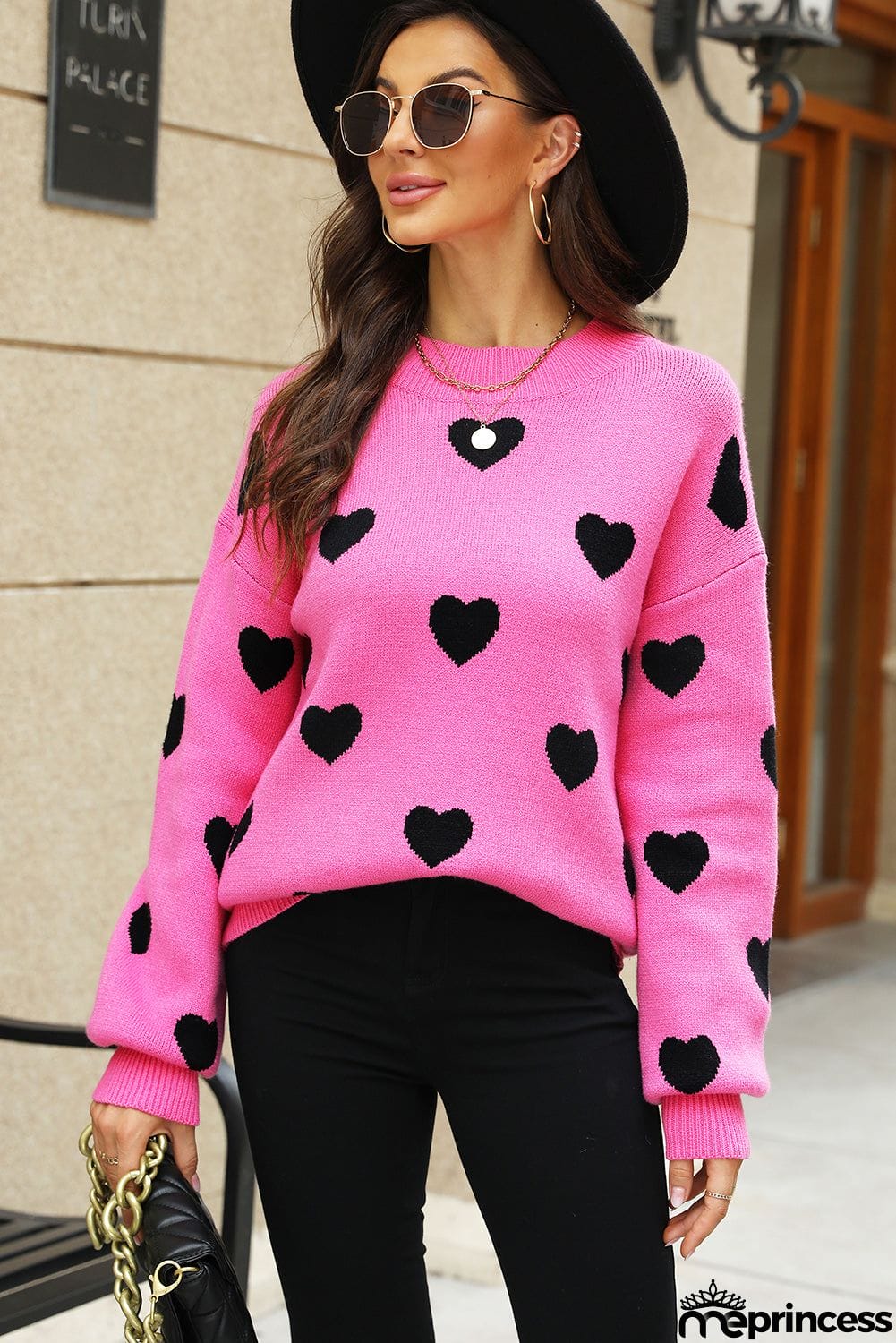 Heart Pattern Ribbed Trim Knit Sweater