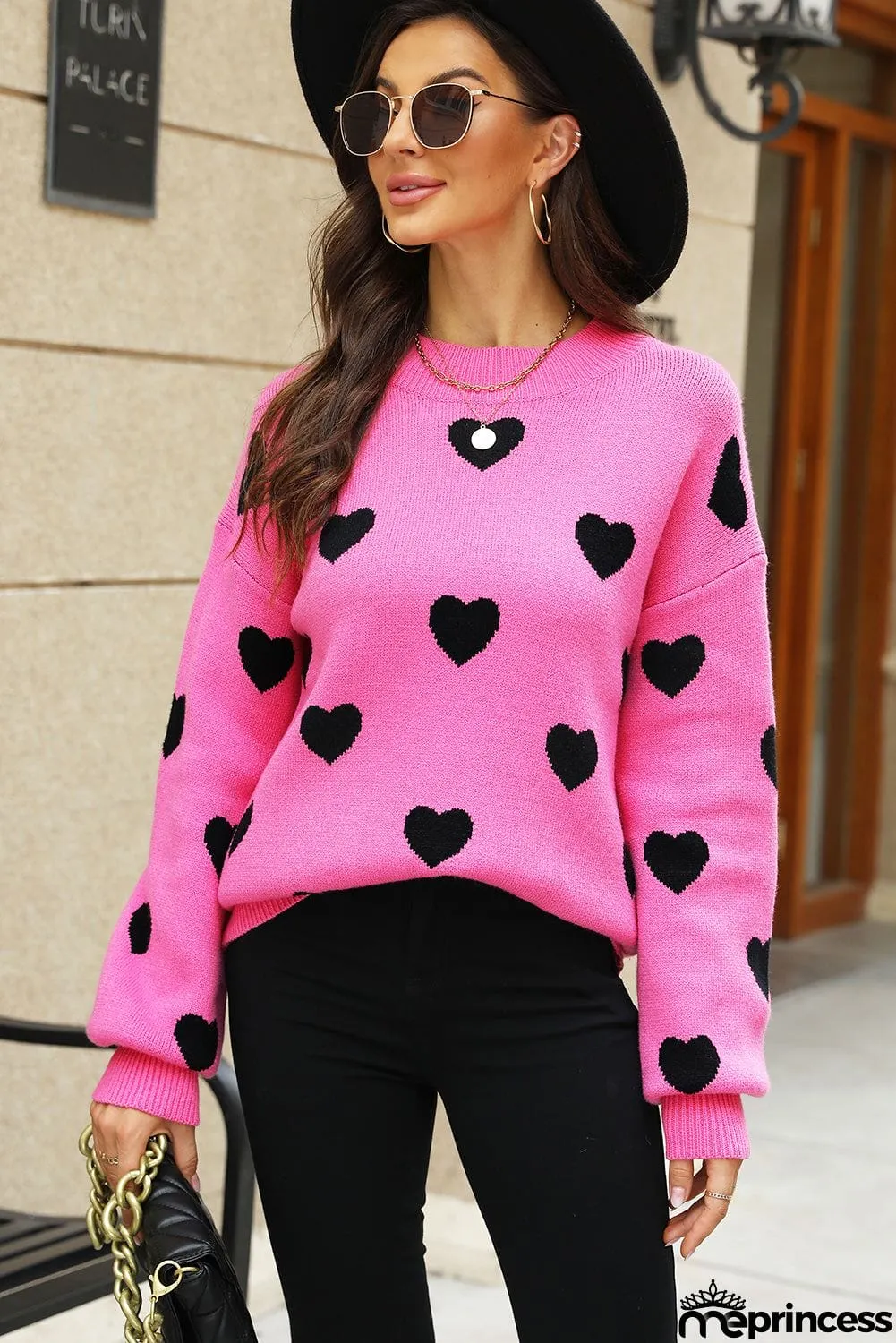 Heart Pattern Ribbed Trim Knit Sweater