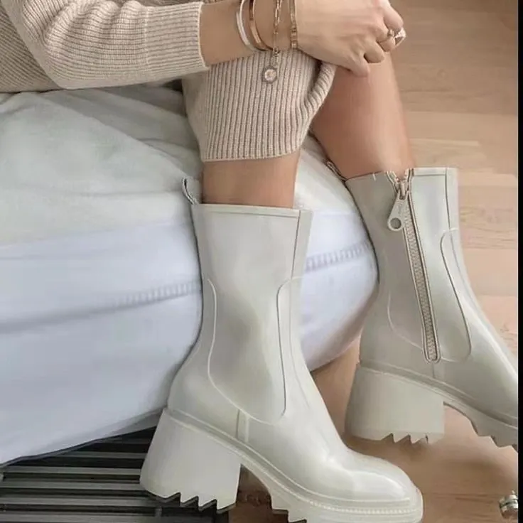 2021 New Square Toe Rain Boots for Women Chunky Heel Thick Sole Ankle Boots Designer Chelsea Boots Ladies Rubber Boot Rain Shoes