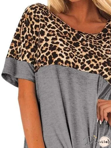 Leopard Print Stitching Ribbon Bow T-shirt for Women