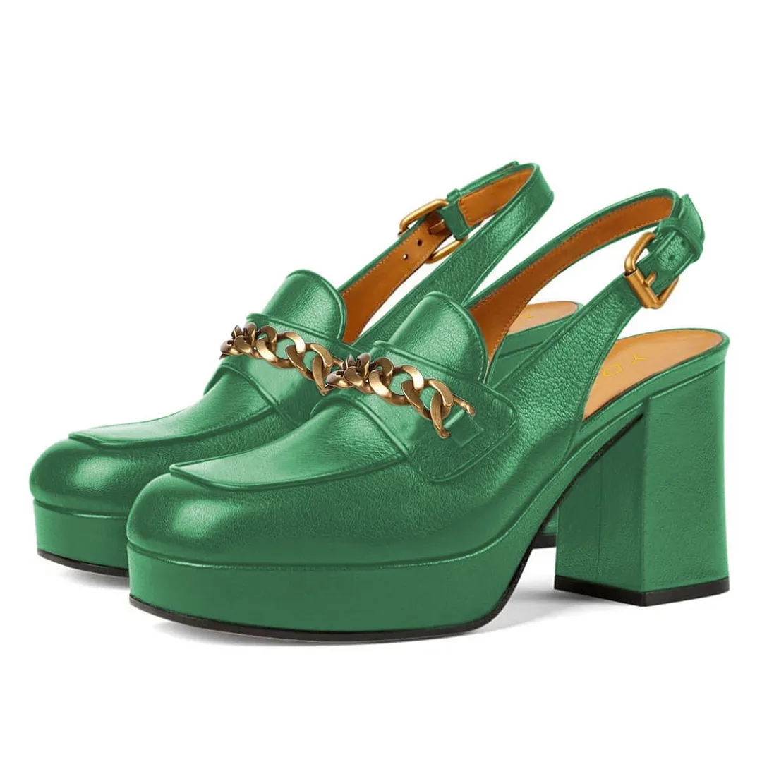 Green Vegan Leather Square Toe Chain Chunky Heel Platform Loafers
