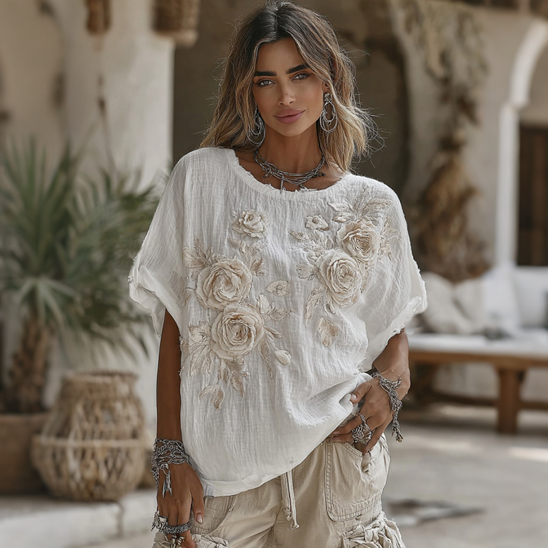 Women's Vintage Floral Embroidered Art Flowy Crew Neck Tops elevenforest