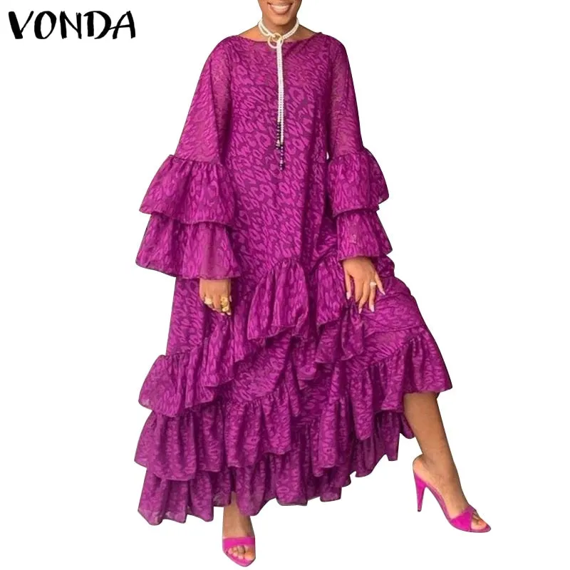 VONDA 2022 Autumn Holiday Long Dress For Women Vintage Printed Party Dresses Bohemian Long Sleeve Sundress Beach Casual Vestidos