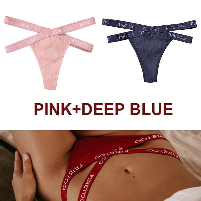 FINETOO 2PCS/Set Women's Cotton G-string Sexy Cross Strap Panties Letter Waisted Underwear Thongs Femme Hollow Out Lady Briefs