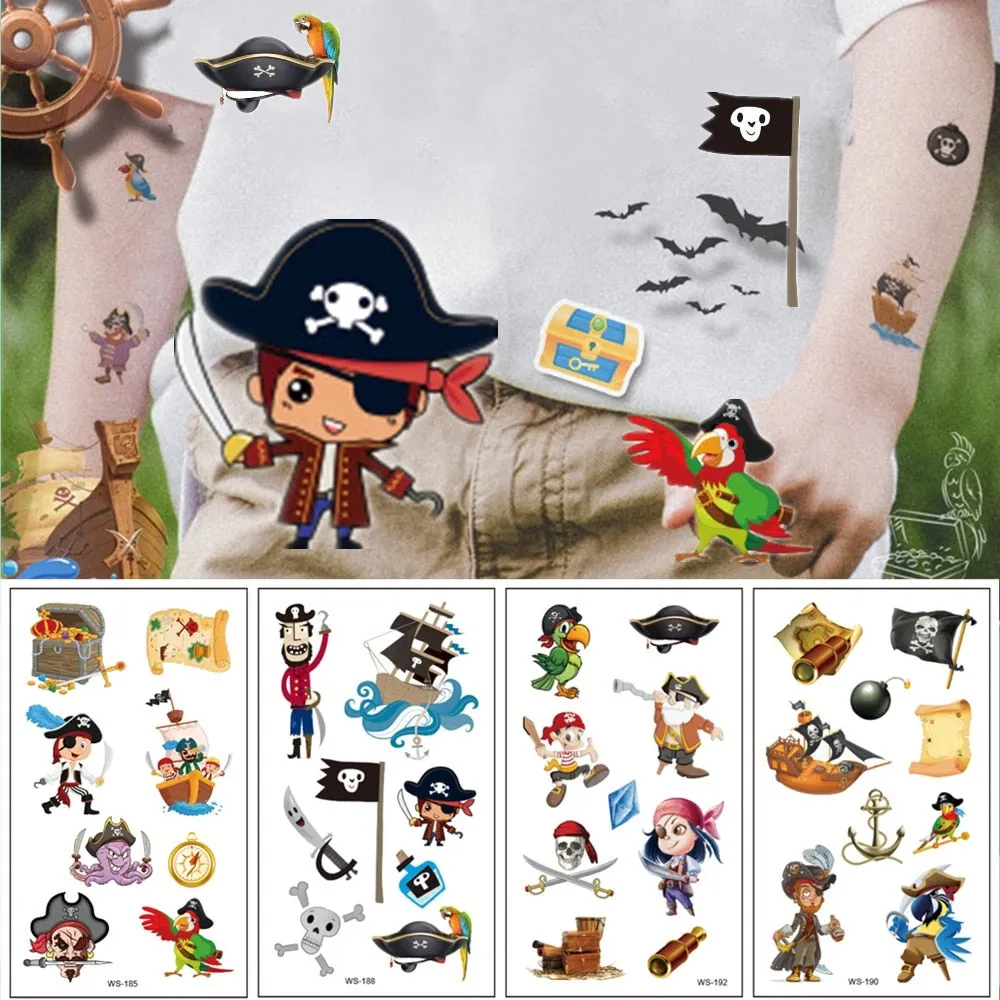 10pcs/set Cartoon Pirates Temporary Tattoo Pirate Ship Parrot Children Body Sticker Disposable tatouage temporaire Gift For Kids