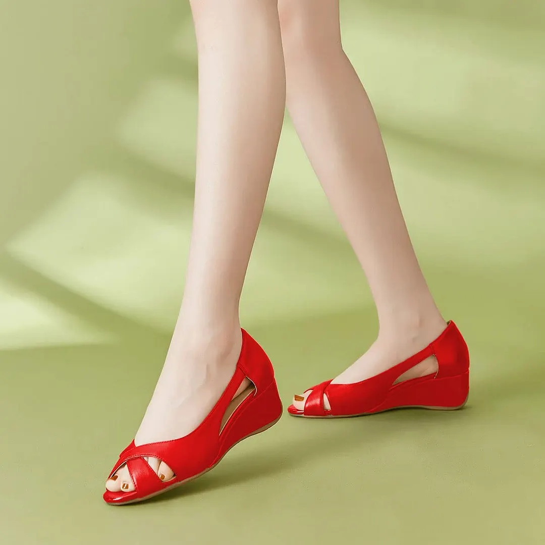 Chic Red Peep Toe Cross Strap Cut Out Wedge Sandals for Women