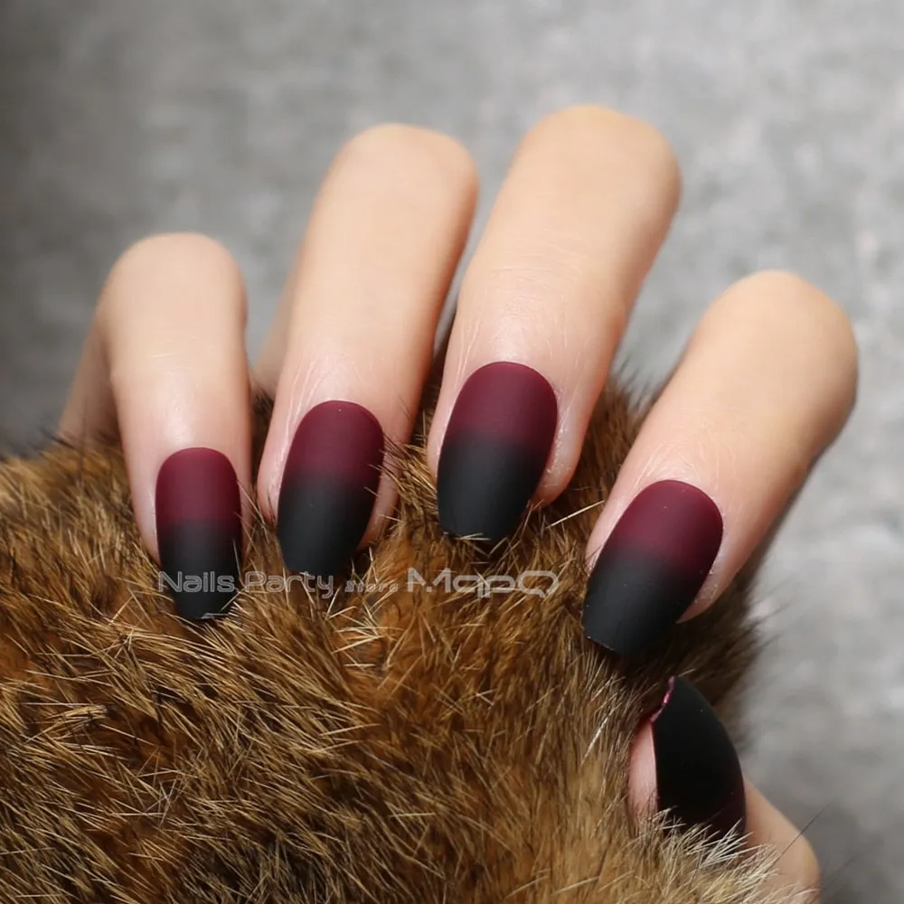 Coffin matte red black gradient fake nail Glossy nails black red medium False nails point Tip 24pcs-Nail Inspo