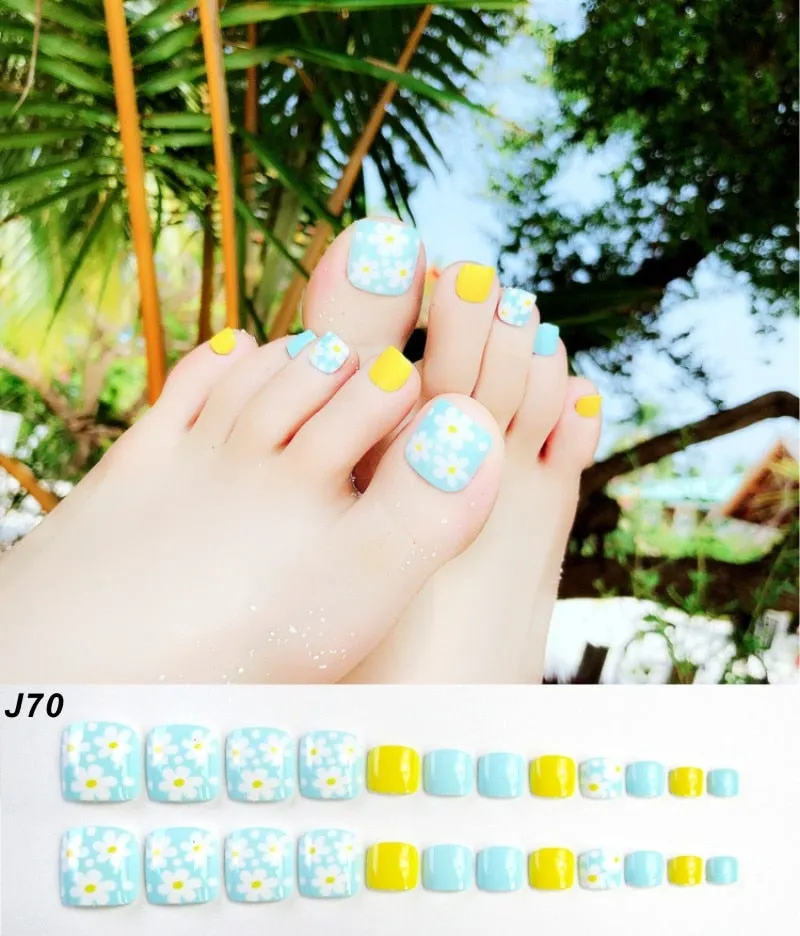 24Pcs Pretty Summer Beach Toes False Nails Rhinestone Pre-design Full Cover Red Foot Artificial Fake Nails with Glue Nail Beauty-Nail Inspo