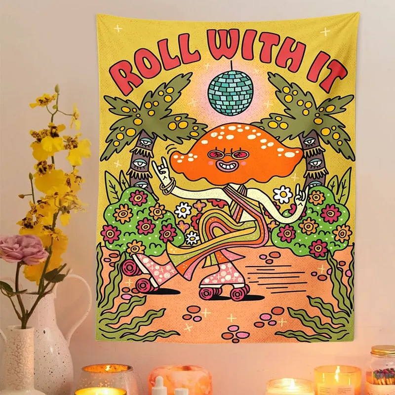 Mushroom Hippie Tapestry flower Retro 70s 60s Wall Hanging Tapestries Living Room Home Cartoon Dorm Decor Psychedelic Wall