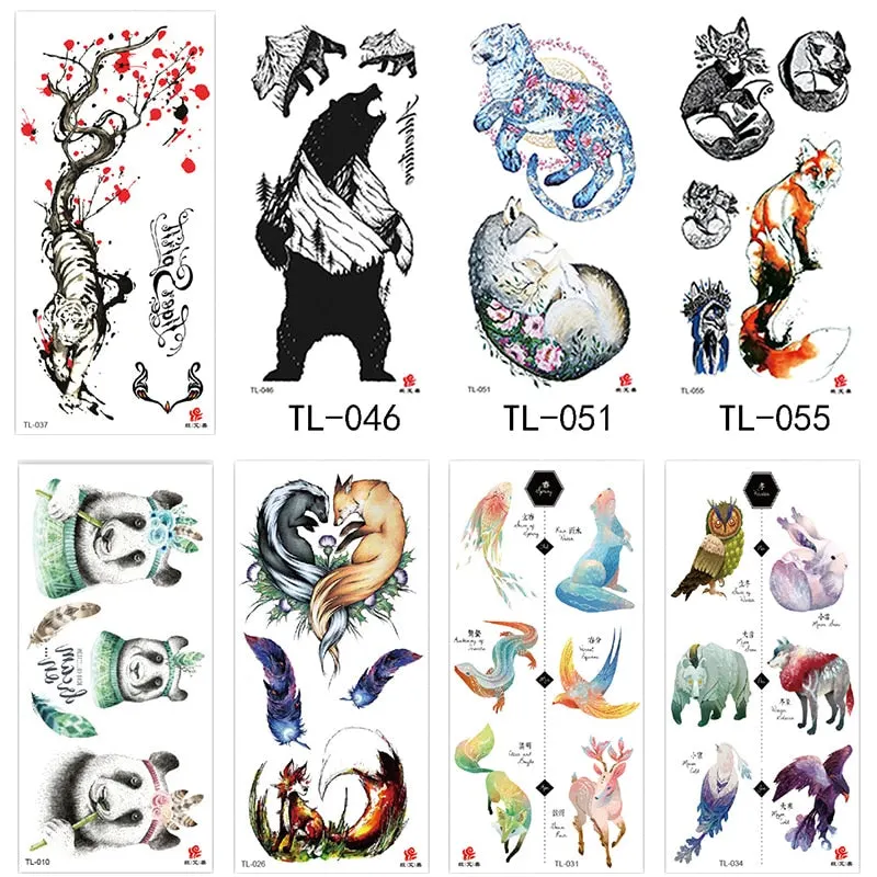 1~8 pieces of animal plants wolf bear bird art tattoo stickers disposable waterproof temporary tattoo stickers for men and women