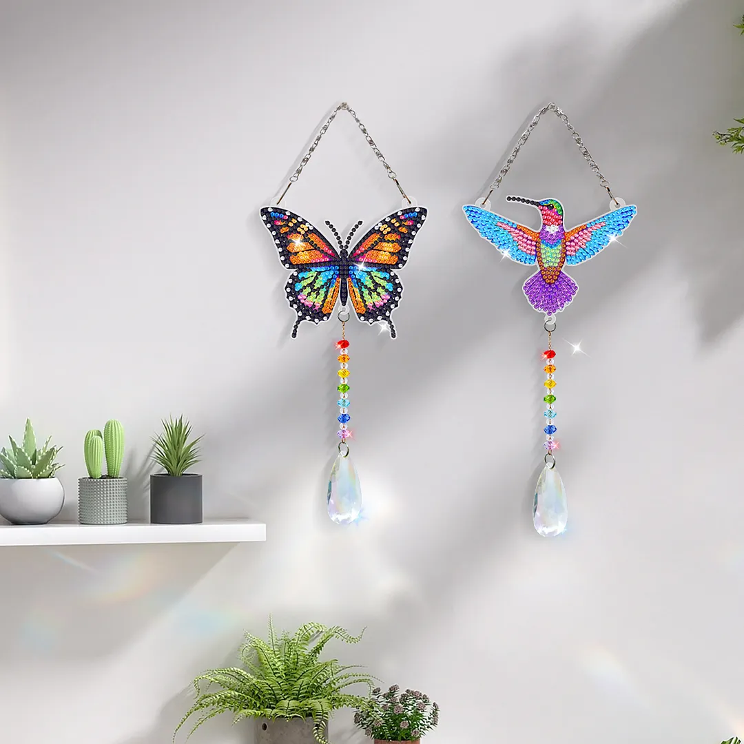 2Pcs Beautiful Butterflies and Hummingbirds DIY Double-Sided Diamond Painting Hanging Kits Diamond Painting Suncatcher Craft Kit for Home Garden Wall Decor Gift