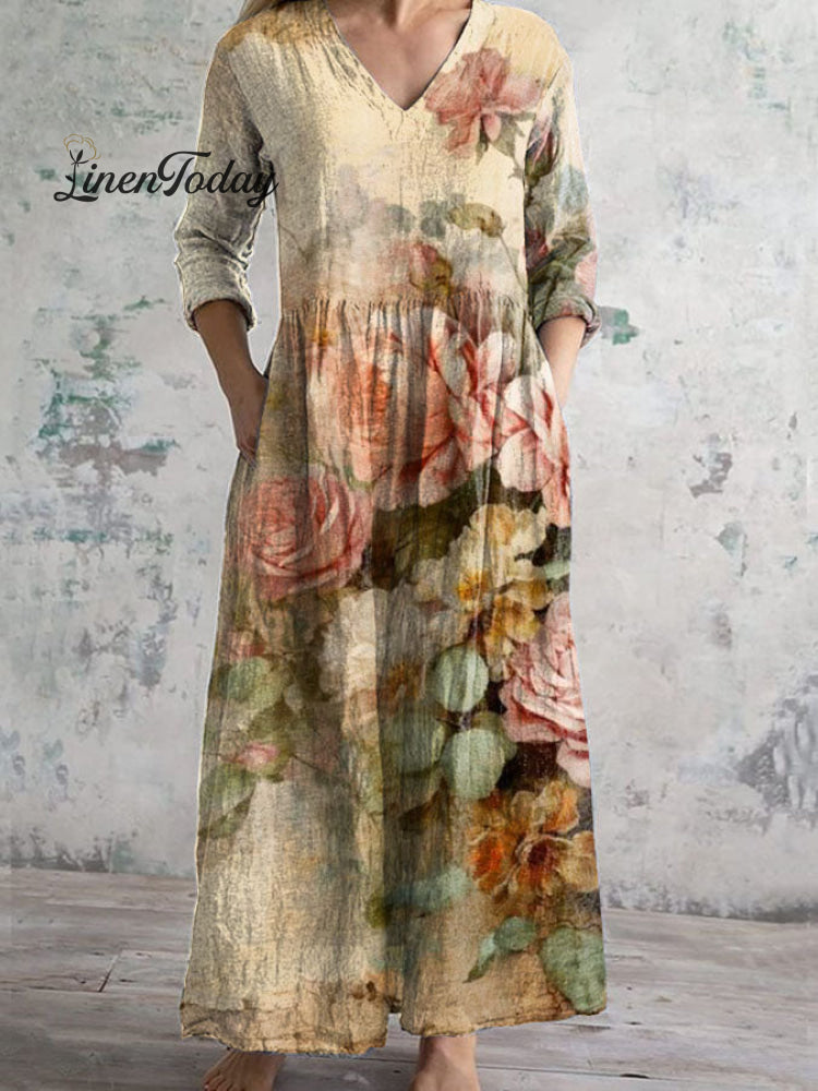 Retro Chic Old Floral Print Short Sleeve V Neck Midi Dress Beige / S