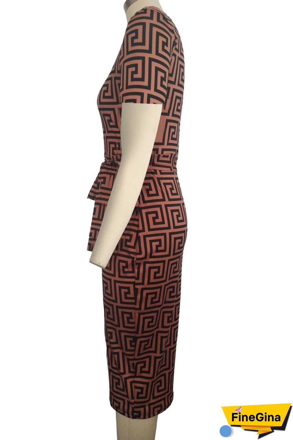 Brown Casual Print Patchwork Zipper Collar Short Sleeve Dress