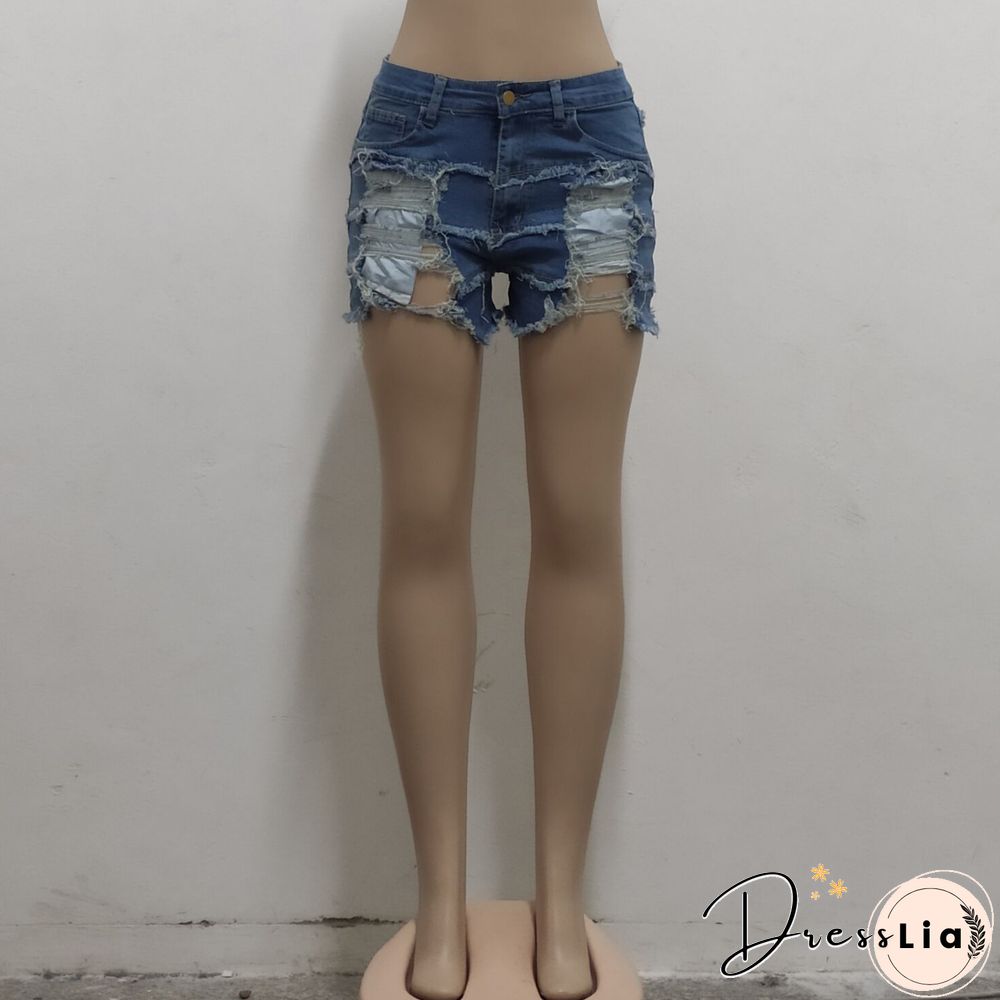 Summer Sexy Patchwork Women Ripped High Waist Holes Stretch Streetwear Plus Size Denim Shorts