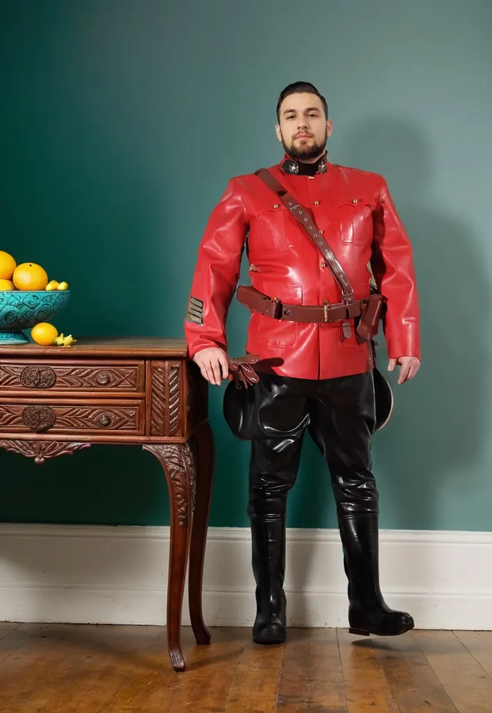 Men Red Latex Jacket Canadian Mounted Police Uniform 